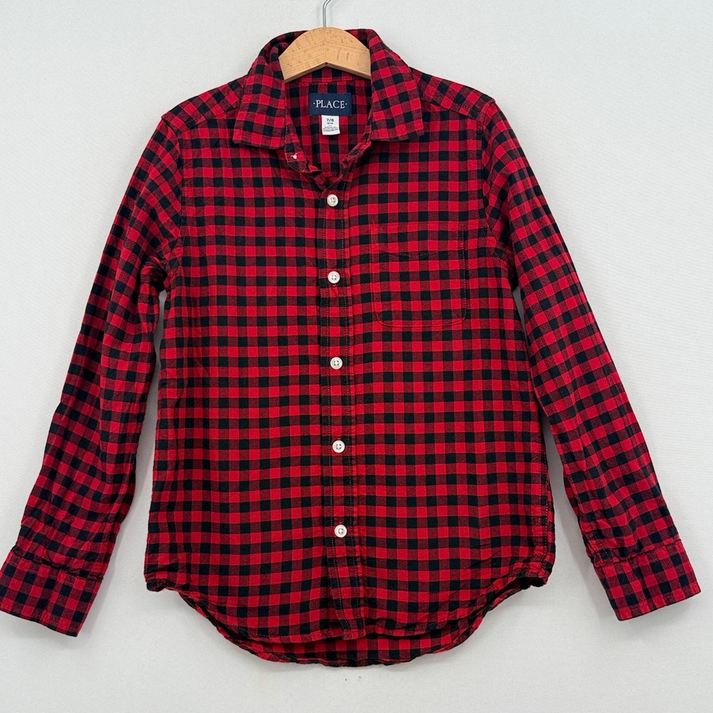 The Childrens Place Woven Shirt Boys 7/8 Red Black Buffalo Plaid Lumberjack